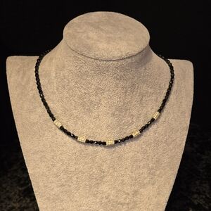 Napier Vintage Black Faceted Beads and Rhinestone  Beaded Necklace. 16 Inches.